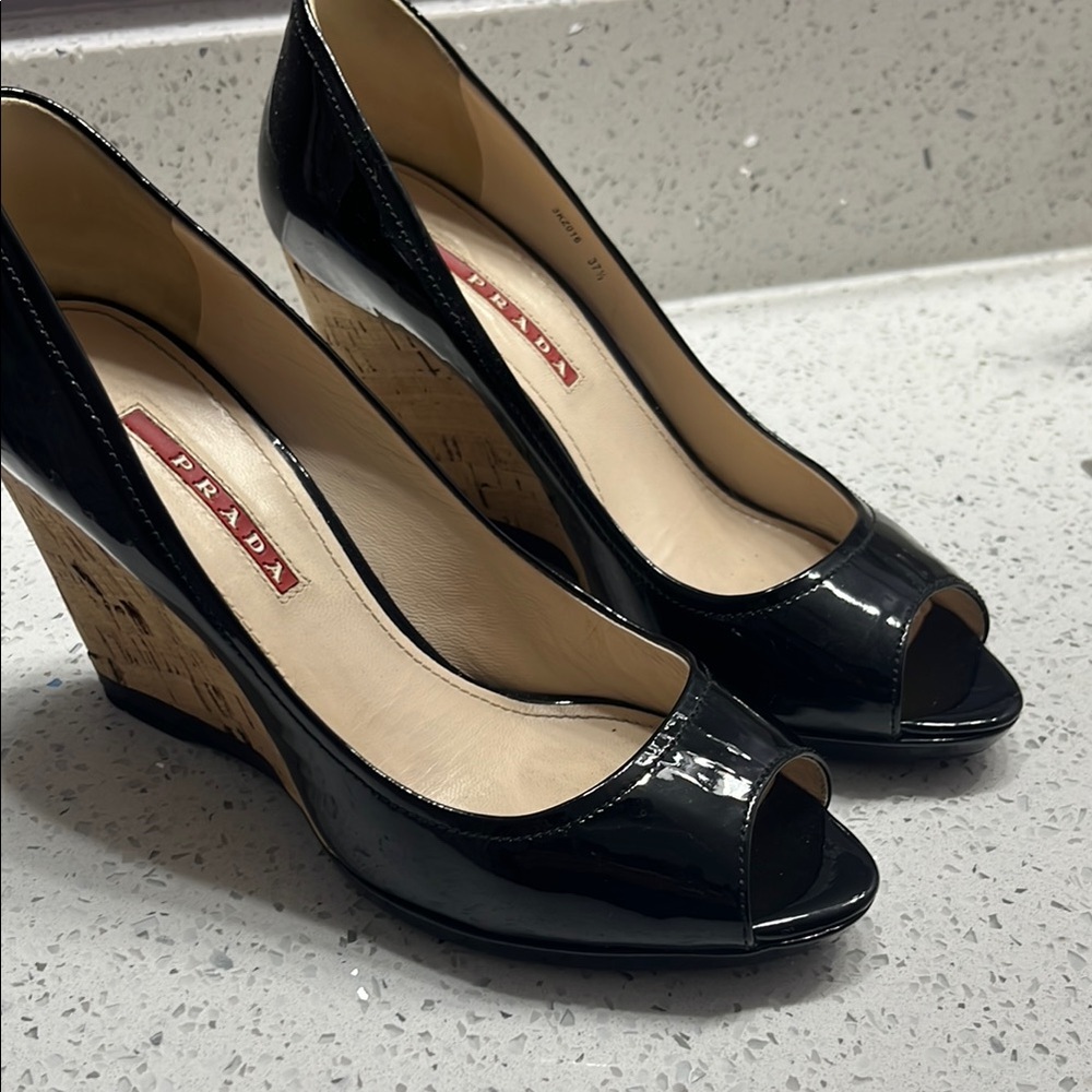 Prada Black Patent Leather Wedge Heels